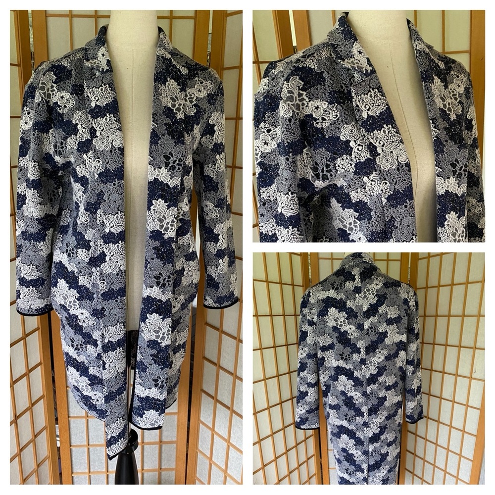 Philosophy Blue & White Floral Open Long Knit Cardigan SZ M Career Casual